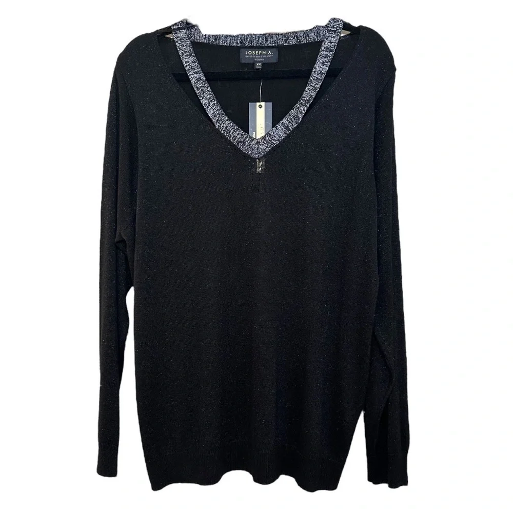 JOSEPH A. Black & Silver V-Neck Lightweight Sweater with Silver Cut-Out Accents
